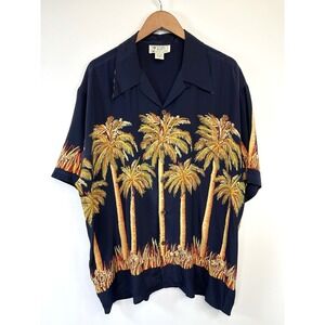 Vintage Avanti Hawaiian Palm Trees Shirt Mens Size XL Navy 100% Silk Aloha